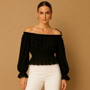 Crescent Elegant Black Off-Shoulder Long Sleeve Blouse Size Small